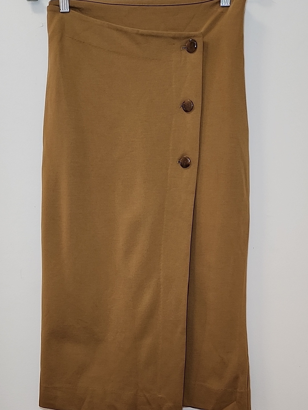 Babaton Knit Faux Wrap Skirt tan color buttoned asymmetrical crossover front 4 - Picture 7 of 16